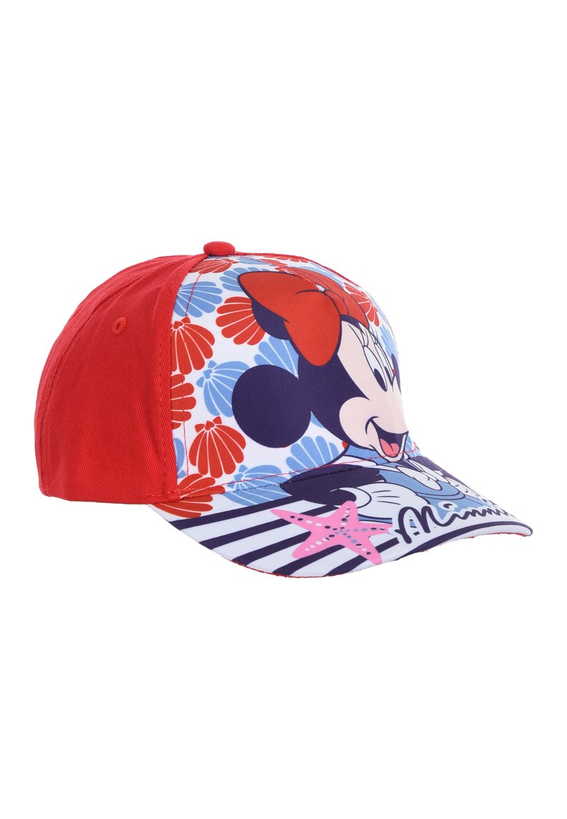 Cappellino da baseball rosso con design floreale, caratterizzato da una stampa con un personaggio, una visiera curva e un sottovisiera a righe contrastanti.