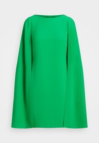 Vihreä, lyhyt mekko, jossa on pitkät, laskeutuvat hihat, pyöreä pääntie ja sileä kangas. Yksinkertainen malli, ilman kuvioita tai koristeita.