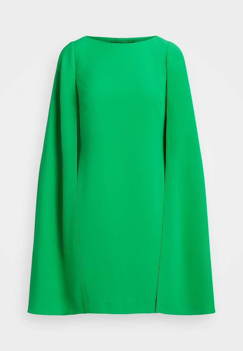 Vihreä, lyhyt mekko, jossa on pitkät, laskeutuvat hihat, pyöreä pääntie ja sileä kangas. Yksinkertainen malli, ilman kuvioita tai koristeita.