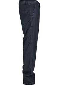 Pantalones de mezclilla oscura con un diseño de pierna recta, que cuentan con un bolsillo lateral y sutiles acentos de costura. La tela tiene una textura suave.