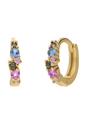 Boucles d'oreilles créoles en or ornées de pierres précieuses rondes bleues, roses, violettes, grises et vertes de tailles variées sur le devant.