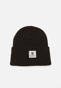 Black knit beanie with a folded cuff, featuring a square patch with text and logo in white. Smooth texture, simple design.