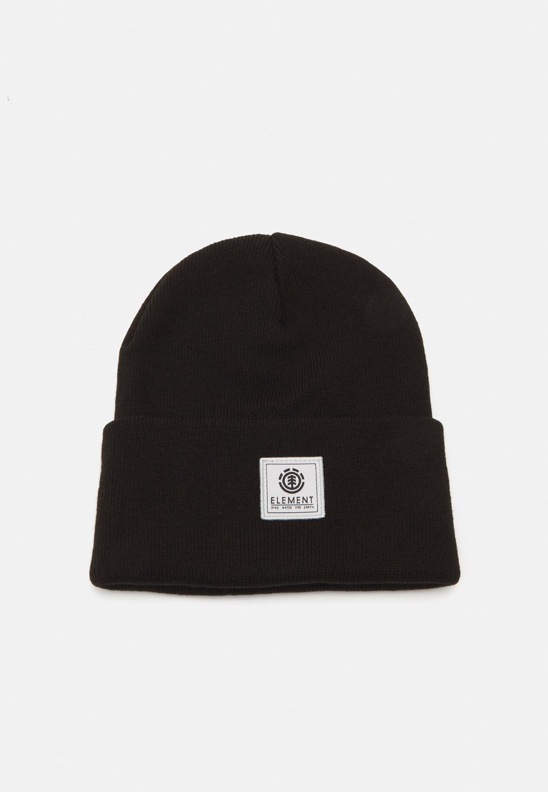 Black knit beanie with a folded cuff, featuring a square patch with text and logo in white. Smooth texture, simple design.