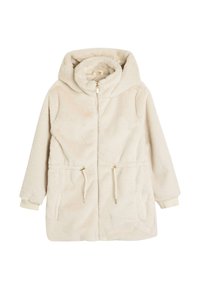 Manteau en polaire crème avec capuche, fermeture éclair, taille ajustable par cordon de serrage et poignets côtelés. Doté de poches avant et d'une texture douce.