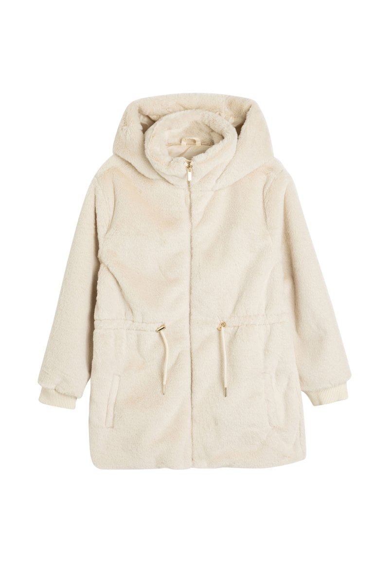 Manteau en polaire crème avec capuche, fermeture éclair, taille ajustable par cordon de serrage et poignets côtelés. Doté de poches avant et d'une texture douce.