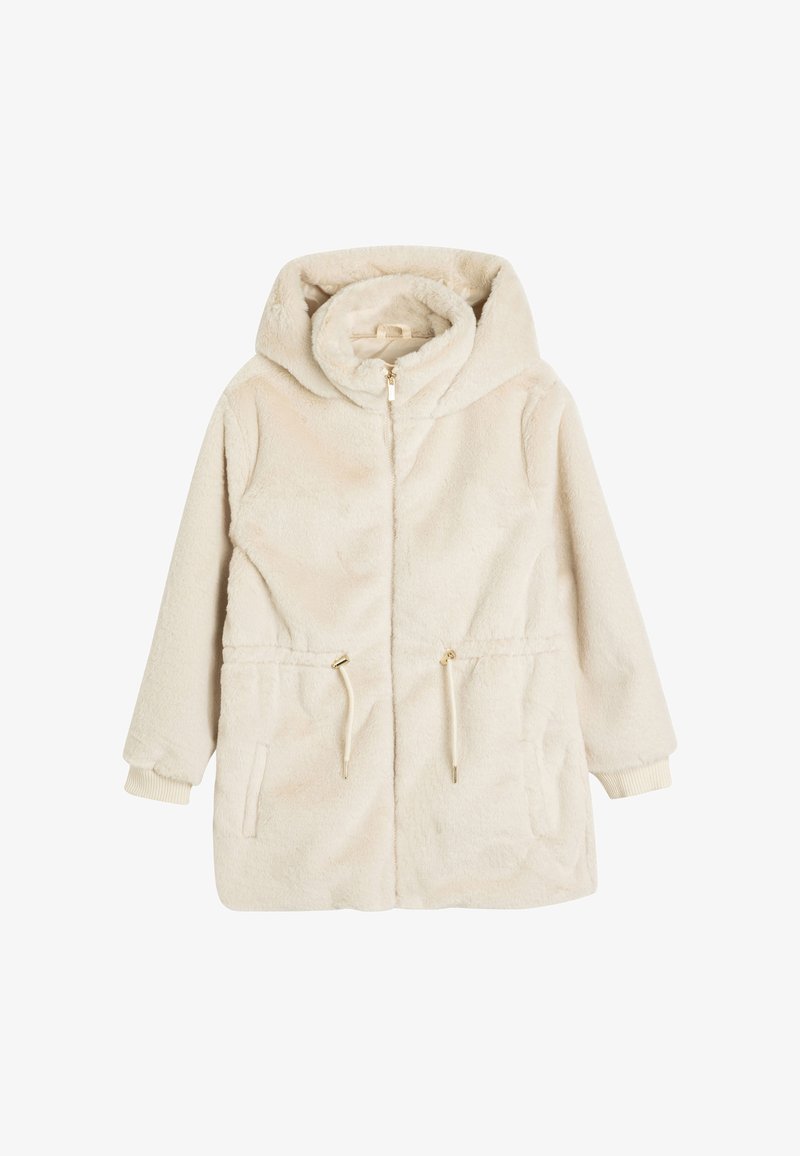 Cremefarvet fleecejakke med hætte, lynlåslukning, snoreliv og ribbede manchetter. Har forlommer og en blød tekstur.