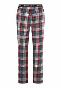 Geruite pyjamabroek met een marineblauw, rood en wit patroon, voorzien van een elastische tailleband met het label "POLO ASSN." Gemaakt van zachte stof.