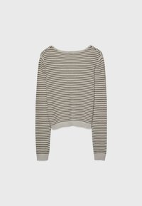 Jersey de punto a rayas en beige claro con rayas más oscuras, diseño corto, mangas largas, puños y dobladillo de canalé, tejido texturizado.