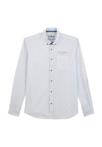 Chemise à manches longues bleu clair avec de petits motifs géométriques multicolores, patte de boutonnage à l'avant et une poche sur la poitrine gauche.