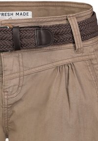 Beige fabric shorts with a braided brown belt. Features include pleats on the front and stitched detailing along the seams.