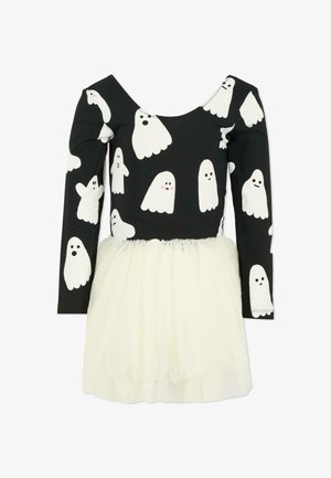 Vestito nero a maniche lunghe con motivi di fantasmi bianchi, gonna in tulle bianco semi-trasparente, scollo rotondo e dettaglio della vita raccolta.