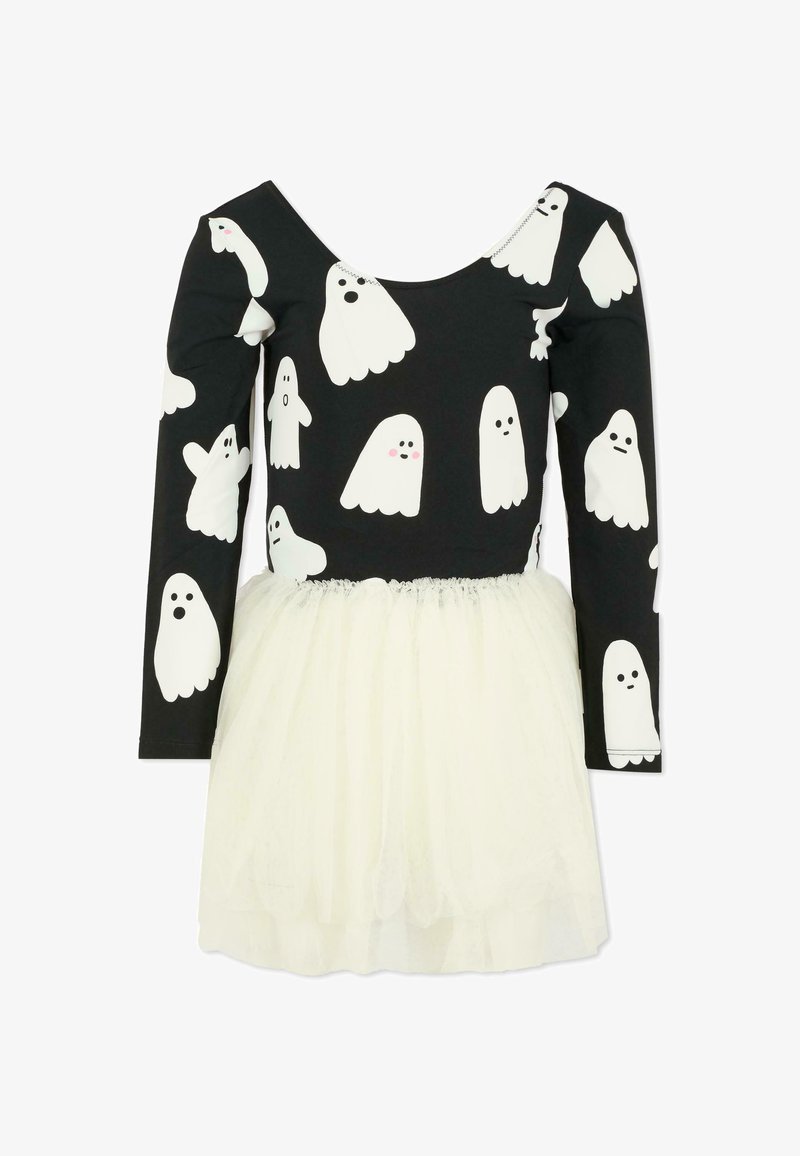 Vestito nero a maniche lunghe con motivi di fantasmi bianchi, gonna in tulle bianco semi-trasparente, scollo rotondo e dettaglio della vita raccolta.