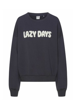 Granatowy sweatshirt z teksturowanym białym napisem "LAZY DAYS" z przodu. Posiada okrągły dekolt, długie rękawy oraz ściągacze przy mankietach i u dołu.