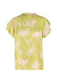 Blusa a maniche corte color beige chiaro con motivo a foglie tropicali verdi. Caratterizzata da scollatura a V e tessuto morbido e liscio con una vestibilità comoda.