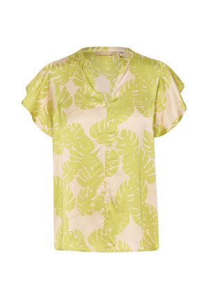 Bluză cu mânecă scurtă în bej deschis, cu un model tropical cu frunze verzi. Dispune de un decolteu în V și un material moale, neted, cu o croială lejeră.