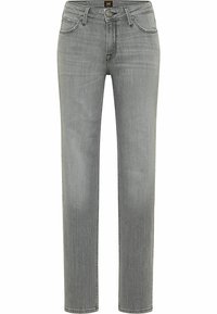 Jean en denim gris avec une coupe droite, un design à cinq poches et un léger effet délavé. Comprend une fermeture à boutons et des accents cousus.