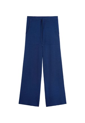 Granatowe spodnie szerokie z elastycznym pasem, sznurkiem i dwoma kieszeniami na froncie.