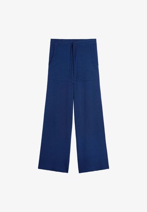 Granatowe spodnie szerokie z elastycznym pasem, sznurkiem i dwoma kieszeniami na froncie.