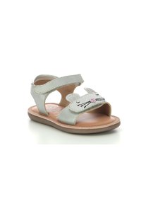 Silver metallic sandals with cat face design, featuring stitched whiskers and pink nose, open-toe, and adjustable Velcro straps.