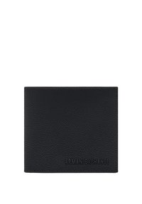 Portafoglio nero in pelle con finitura testurizzata, con logo "Armani Exchange" in rilievo sulla parte anteriore. Design pieghevole e forma compatta.