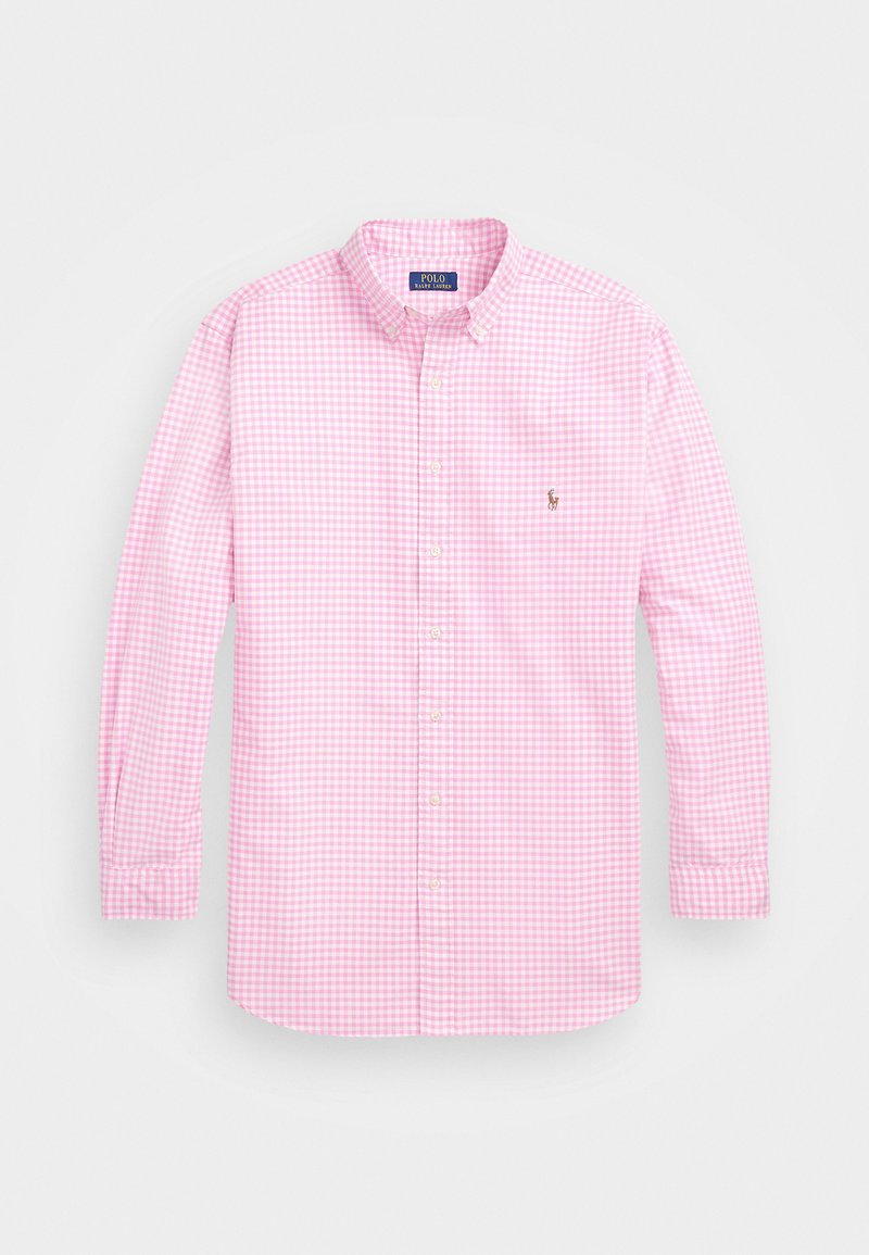 Light pink checkered long-sleeve shirt with a button-down collar, featuring a small embroidered logo on the chest and a relaxed fit.