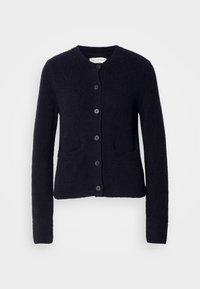 Cardigan noir à manches longues avec encolure arrondie, devant boutonné et tissu tricoté texturé.