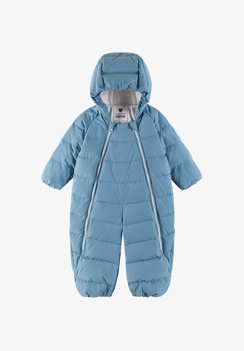 Combinaison de neige pour bébé matelassée bleu clair avec capuche, manches longues, deux fermetures éclair devant et poignets élastiques aux jambes et aux poignets.