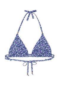 Haut de bikini triangulaire floral violet avec bretelles réglables et liens. Comprend de petits accents dorés et des bords à volants le long de la bande.