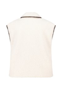 Mouwloos wit fleece vest met bruine stikselafwerking langs de kraag en armsgaten, gezien vanuit de achterkant op een witte achtergrond.