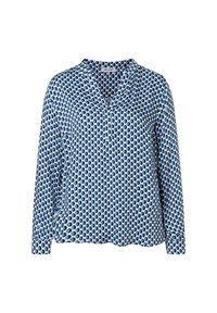 Leichte blaue Bluse mit langen Ärmeln und V-Ausschnitt, die ein sich wiederholendes ovales Muster in verschiedenen Blautönen aufweist. Weiche Stofftextur.