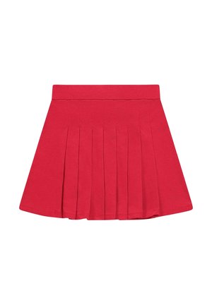 Rode geplooide rok met een aangesloten tailleband, licht uitlopend naar de zoom, afgebeeld tegen een witte achtergrond.