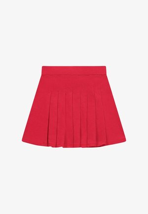 Rode geplooide rok met een aangesloten tailleband, licht uitlopend naar de zoom, afgebeeld tegen een witte achtergrond.