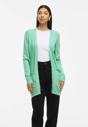 Cardigan à manches longues, ouvert à l'avant, de couleur vert menthe, fabriqué à partir d'un matériau tricoté doux. Caractéristiques de poignets côtelés et de poches. Assorti à un t-shirt blanc et un pantalon noir.