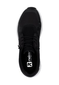 Black athletic shoe with mesh upper, lace-up design, white rubber sole, and logo on insole. Features smooth and textured surfaces.