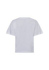 Weißes Baumwoll-T-Shirt mit kurzen Ärmeln, gerader Passform und Rundhalsausschnitt. Der Rücken zeigt ein einfaches, unverziertes Design.