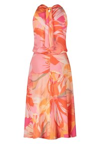 Ärmlös halterneckklänning med knytskärp, prydd med djärvt abstrakt blommönster i nyanser av rosa, orange och persika, åtsittande vid midjan och utsvängd kjol.
