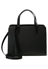 Borsa nera con design strutturato, realizzata in materiale testurizzato. Presenta doppi manici, una tracolla staccabile e un dettaglio con nappina.