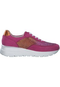 Pink sneaker with textured upper, metallic accents, white laces, and a chunky white sole. Features a patterned side panel for detail.