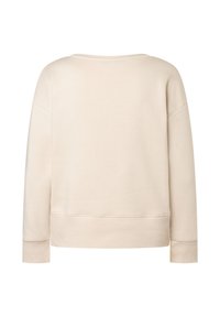 Beige Sweatshirt mit lockerer Passform, rundem Ausschnitt und gerippten Bündchen. Glatte Textur ohne sichtbare Muster oder Hardwaredetails.