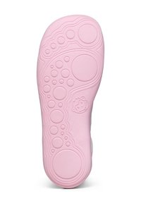 Rosa Gummischuhsohle mit kreisförmigen und blasenartigen strukturierten Mustern, und einem kleinen Logo nahe dem Rand. Glattes und flexibles Design.