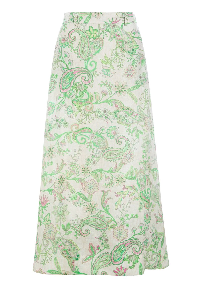 Jupe blanche en ligne A avec imprimé cachemire vert et rose et fleurs, longueur genou, ceinture haute.