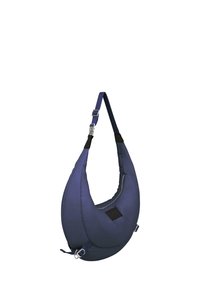 Borsa in stile hobo in tessuto blu scuro, con silhouette curva, tracolla regolabile e dettagli in metallo argentato.