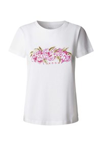 Λευκό βαμβακερό t-shirt με κοντά μανίκια, με ροζ floral σχέδια και το κείμενο «Pepe Jeans LONDON» στο μπροστινό μέρος.