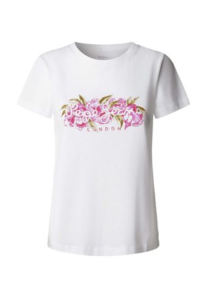 Λευκό βαμβακερό t-shirt με κοντά μανίκια, με ροζ floral σχέδια και το κείμενο «Pepe Jeans LONDON» στο μπροστινό μέρος.
