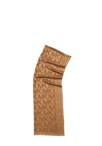 Sciarpa marrone con un motivo a logo "MK" ripetuto e il testo "MICHAEL KORS". Texture morbida con bordi frangiati, forma rettangolare.