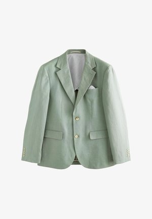 Blazer de lino verde claro con solapas de muesca, dos bolsillos frontales y tres cierres de botón. Presenta un forro a rayas y un bolsillo en el pecho.