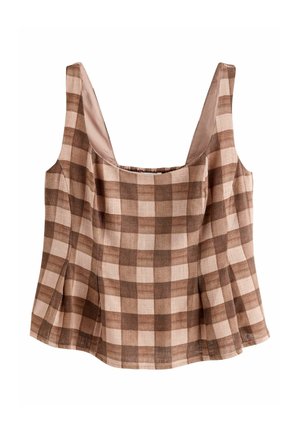 Ärmelloses Oberteil aus braun-beigem Leinen mit Karomuster, quadratischem Ausschnitt und plissierten Details an den Seiten.