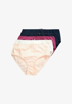 Vijf paar katoenen onderbroeken in bleekroze, wit, kastanjebruin, marineblauw met stippen en marineblauw. Elk heeft een klein strikje op de tailleband.