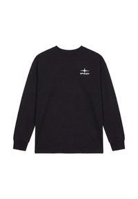 Chemise noire à manches longues avec col rond et petit logo blanc "PXP" ainsi qu'un symbole étoile sur la poitrine gauche.