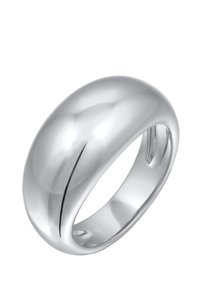 Silberner Ring mit glatter, glänzender Oberfläche. Runde Form und elegantes Design, mit einer subtilen Rille um den Umfang.